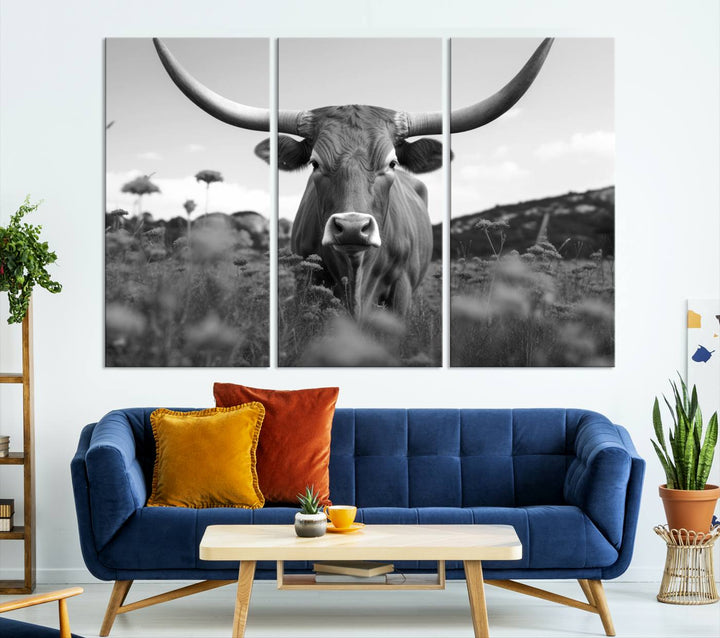 Cow Bighorn Wall Art Canvas Print, Longhorn Texas Large Cow Animal Canvas Print