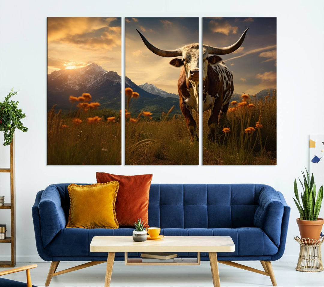 Cow Bighorn Wall Art Canvas Print, Longhorn Texas Large Cow Animal Canvas Print