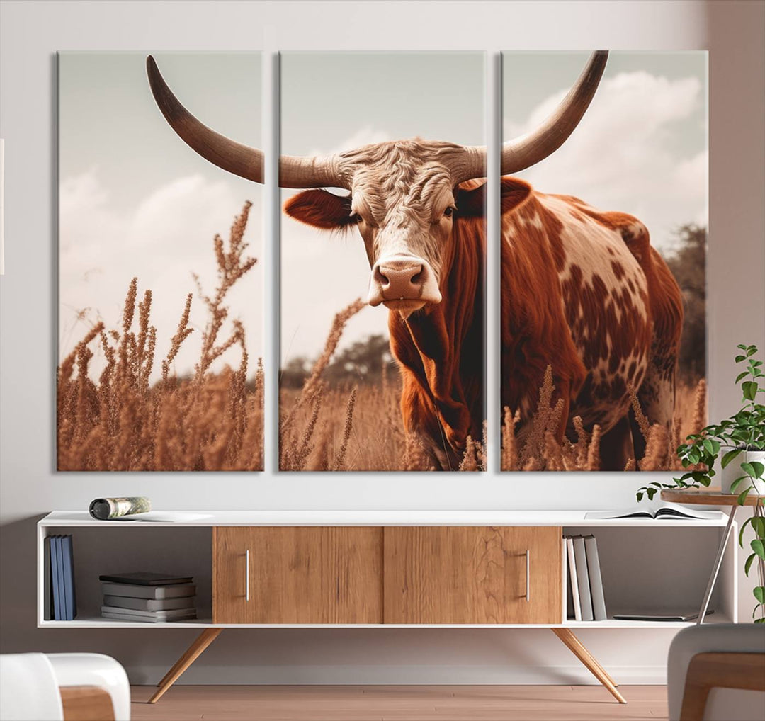 Cow Bighorn Wall Art Canvas Print, Longhorn Texas Large Cow Animal Canvas Print