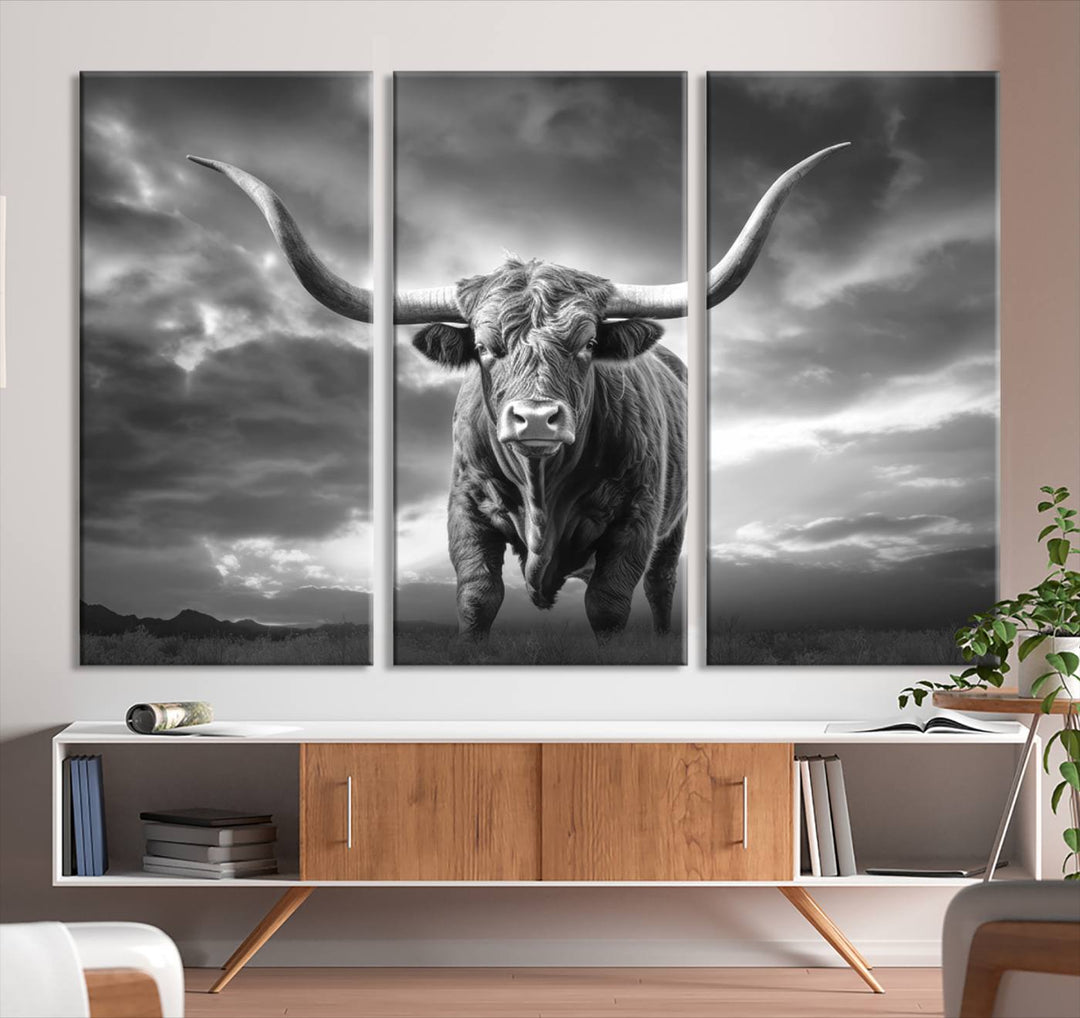 Cow Bighorn Wall Art Canvas Print, Longhorn Texas Large Cow Animal Canvas Print