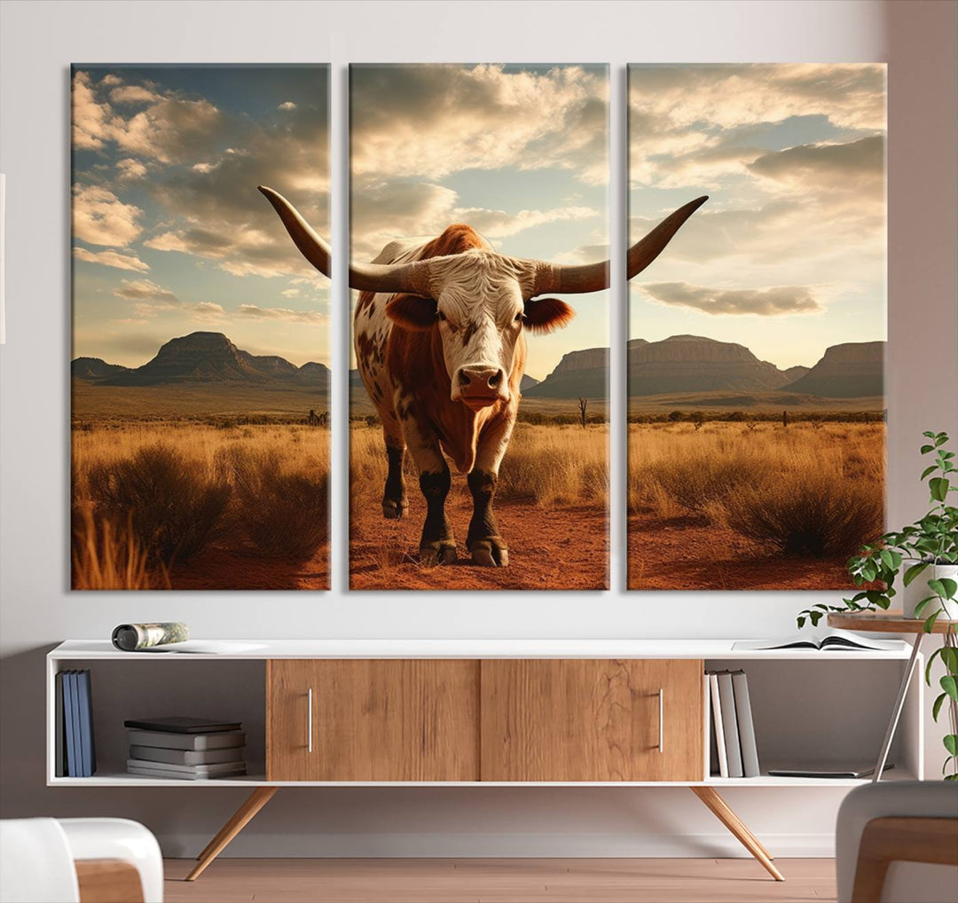 Cow Bighorn Wall Art Canvas Print, Longhorn Texas Large Cow Animal Canvas Print