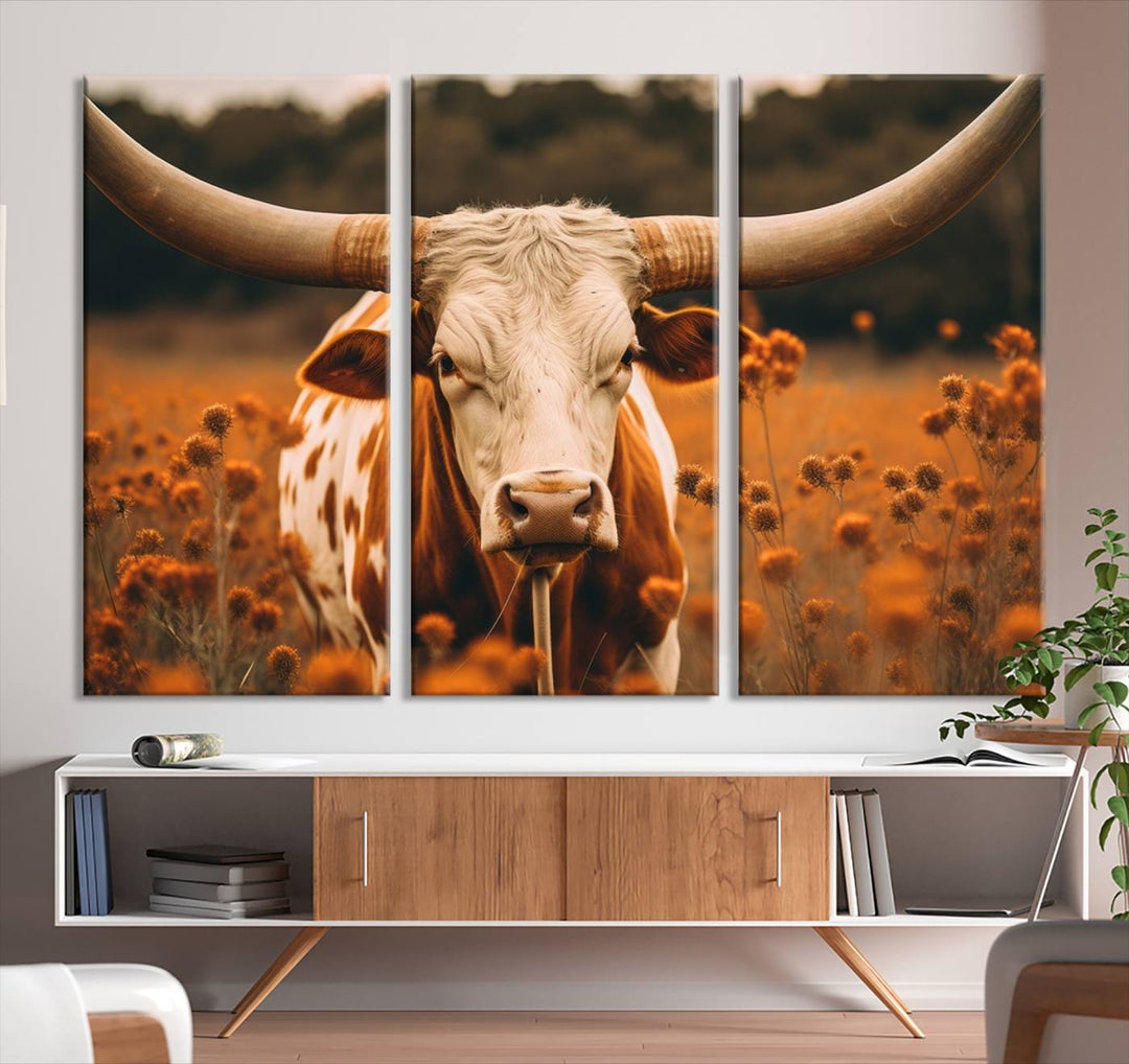 Cow Bighorn Wall Art Canvas Print, Longhorn Texas Large Cow Animal Canvas Print