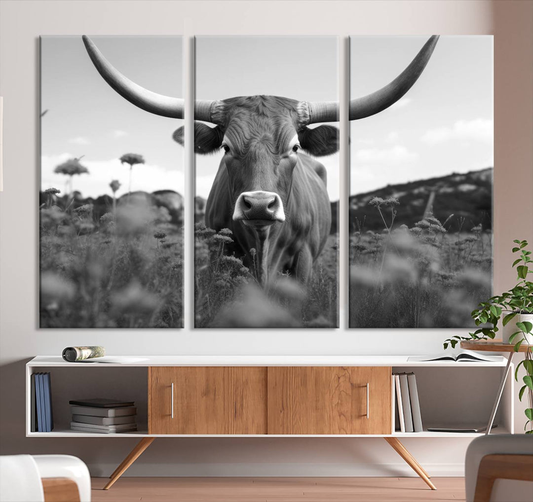 Cow Bighorn Wall Art Canvas Print, Longhorn Texas Large Cow Animal Canvas Print