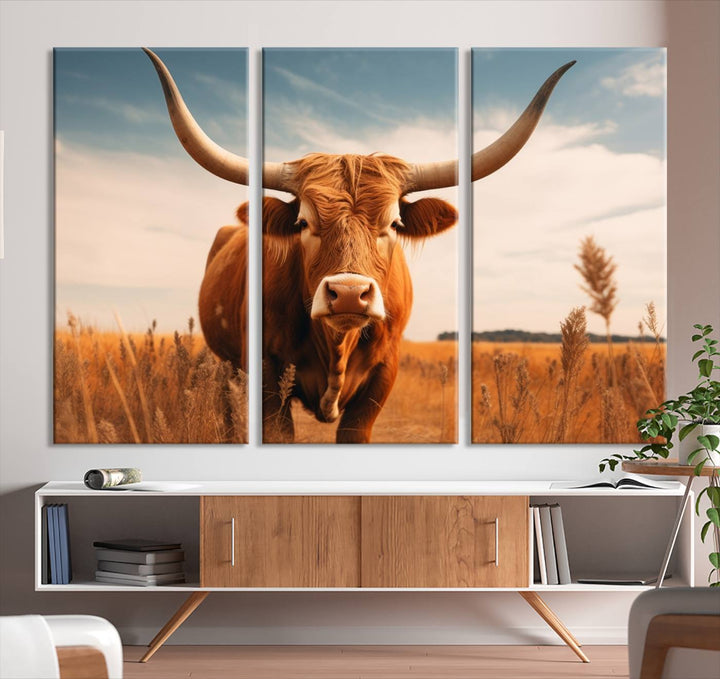 Cow Bighorn Wall Art Canvas Print, Longhorn Texas Large Cow Animal Canvas Print