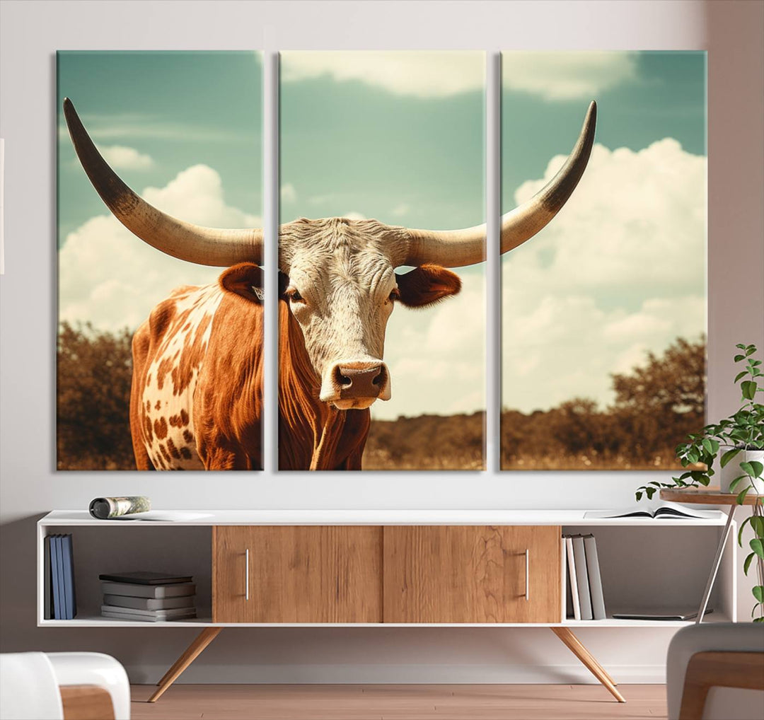 Cow Bighorn Wall Art Canvas Print, Longhorn Texas Large Cow Animal Canvas Print