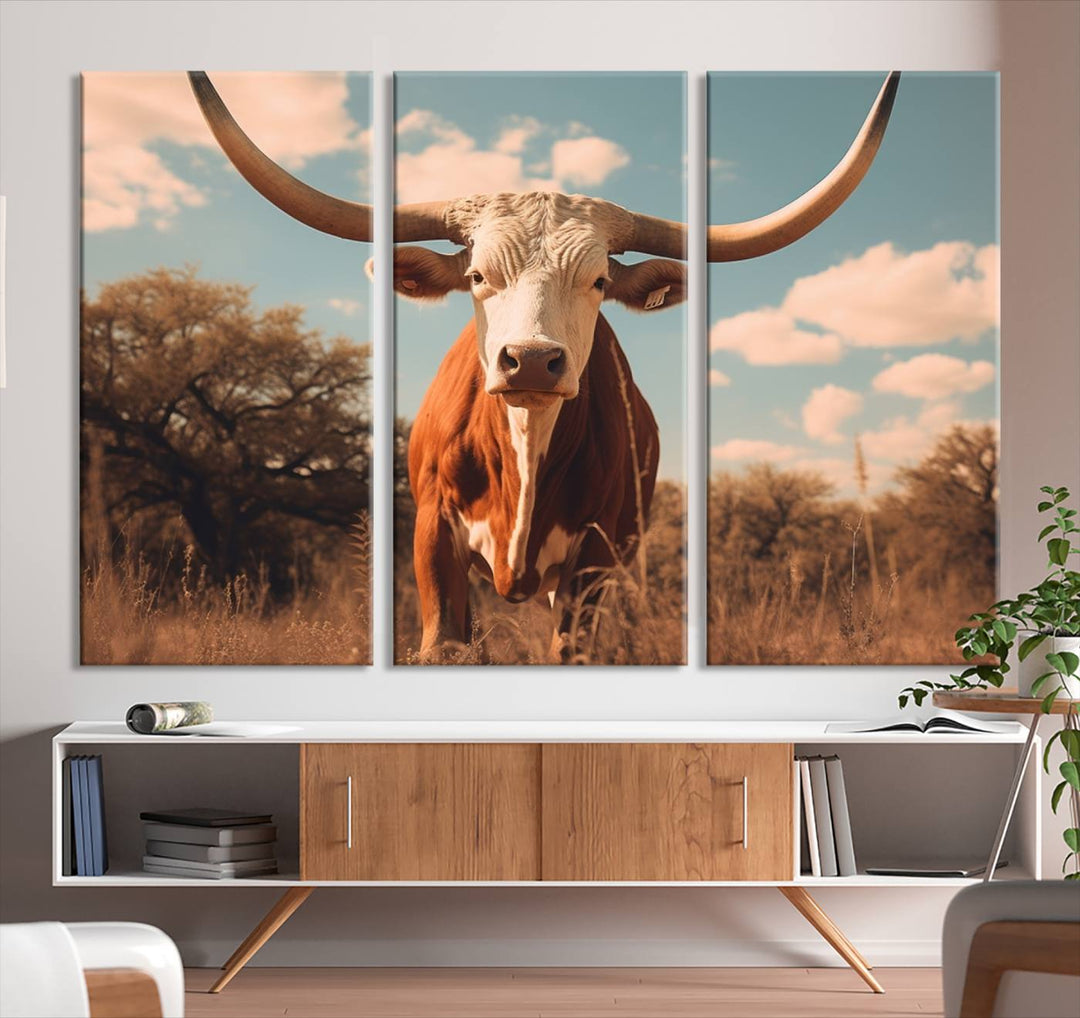 Cow Bighorn Wall Art Canvas Print, Longhorn Texas Large Cow Animal Canvas Print