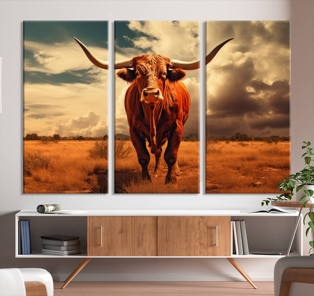 Cow Bighorn Wall Art Canvas Print, Longhorn Texas Large Cow Animal Canvas Print