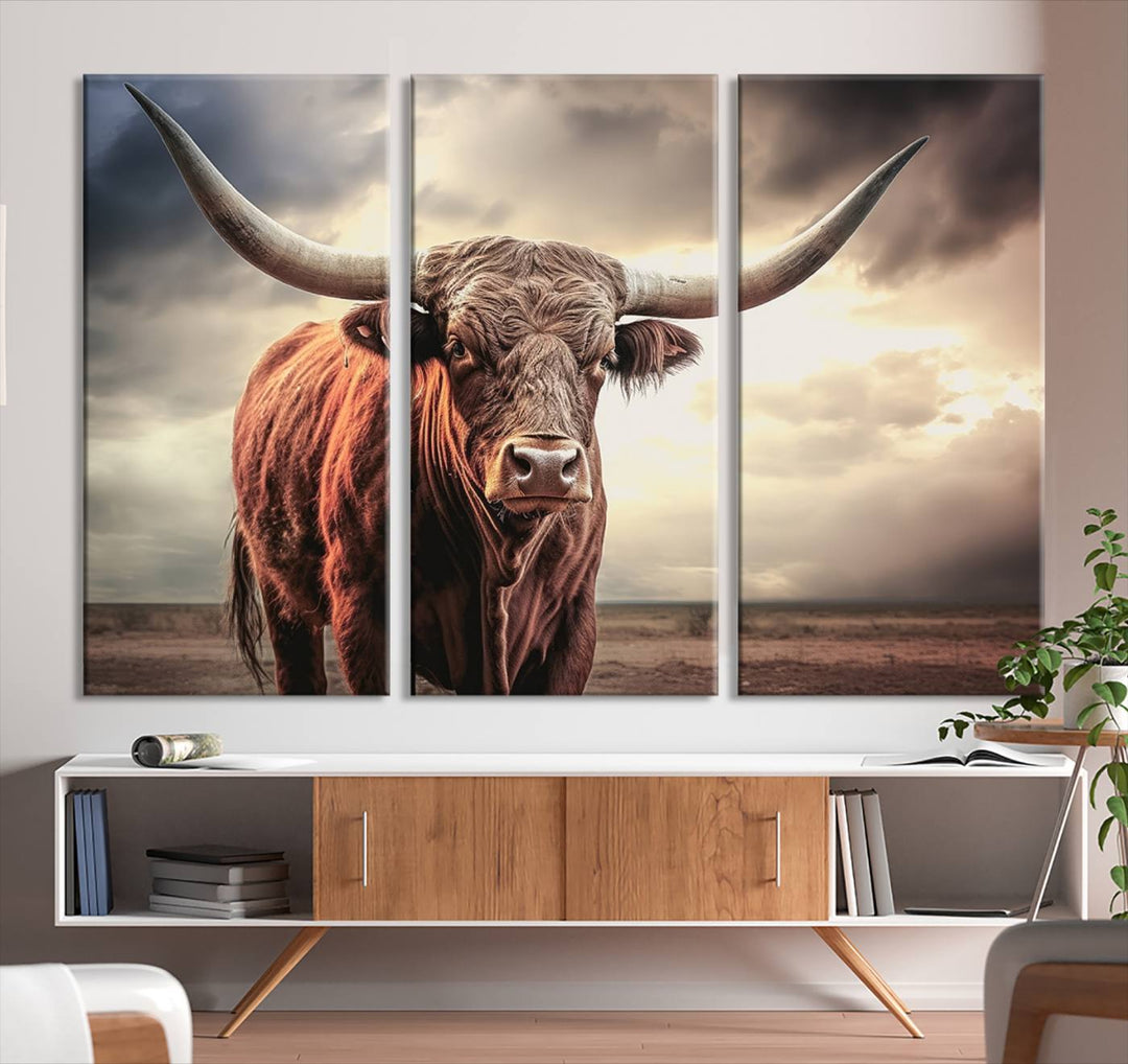 Cow Bighorn Wall Art Canvas Print, Longhorn Texas Large Cow Animal Canvas Print