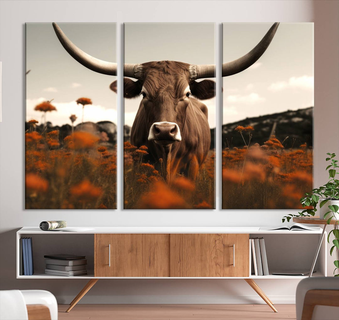 Cow Bighorn Wall Art Canvas Print, Longhorn Texas Large Cow Animal Canvas Print