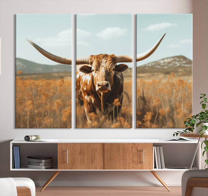 Cow Bighorn Wall Art Canvas Print, Longhorn Texas Large Cow Animal Canvas Print