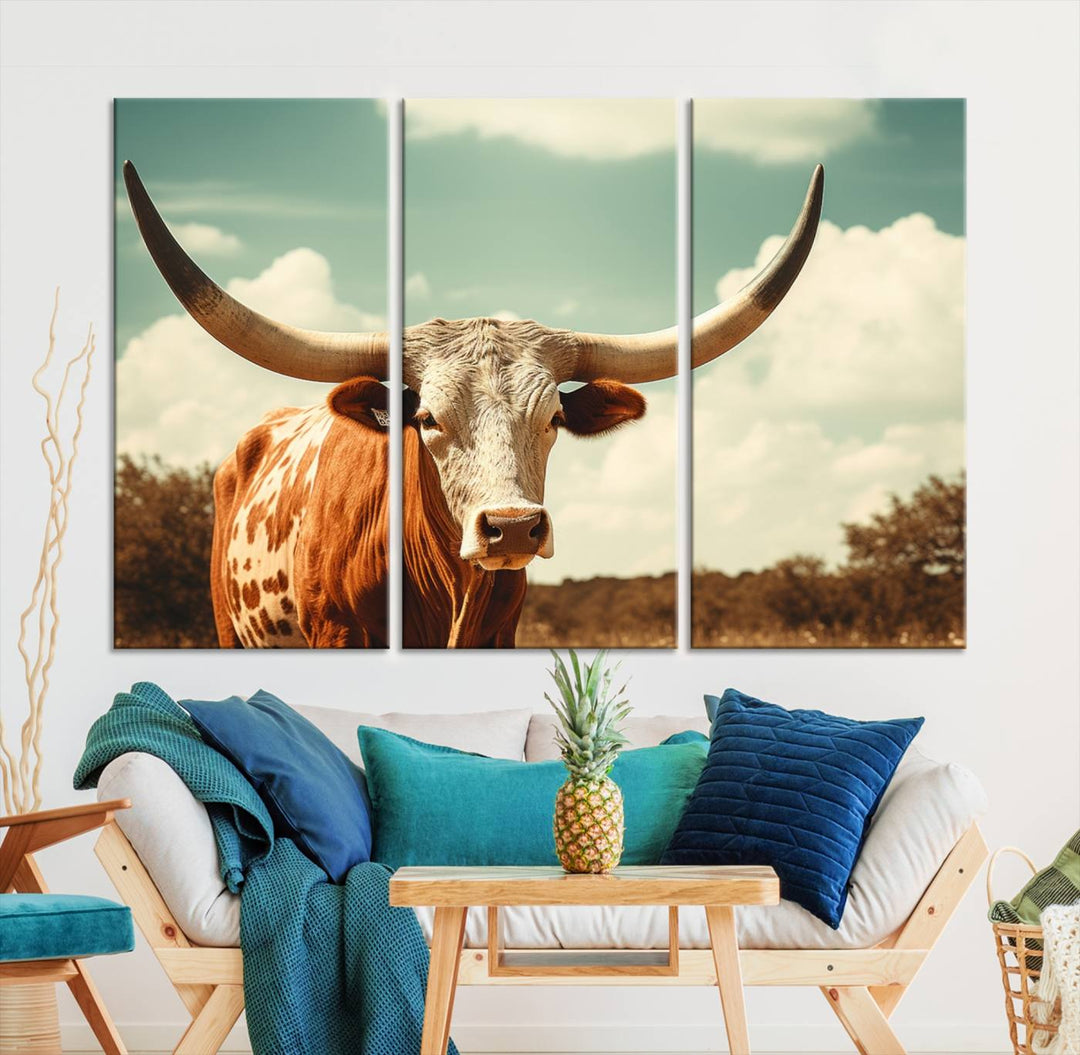 Cow Bighorn Wall Art Canvas Print, Longhorn Texas Large Cow Animal Canvas Print