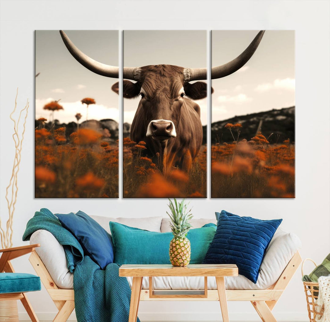 Cow Bighorn Wall Art Canvas Print, Longhorn Texas Large Cow Animal Canvas Print