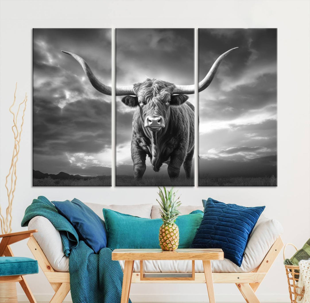 Cow Bighorn Wall Art Canvas Print, Longhorn Texas Large Cow Animal Canvas Print