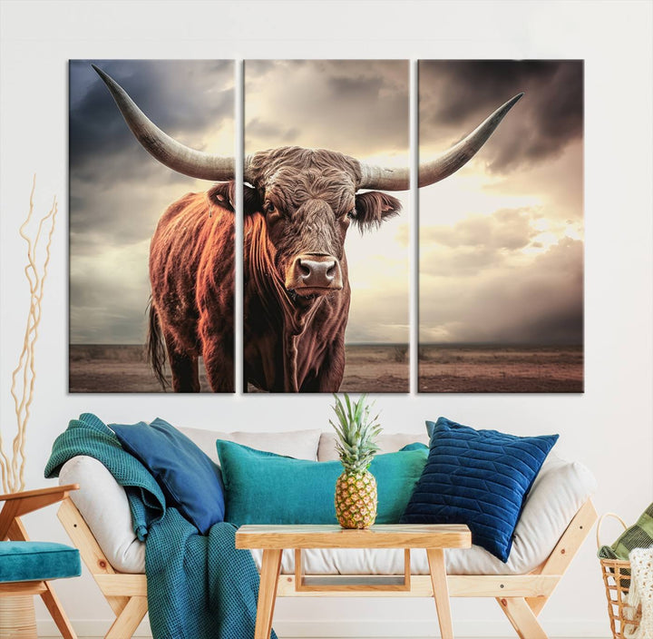 Cow Bighorn Wall Art Canvas Print, Longhorn Texas Large Cow Animal Canvas Print