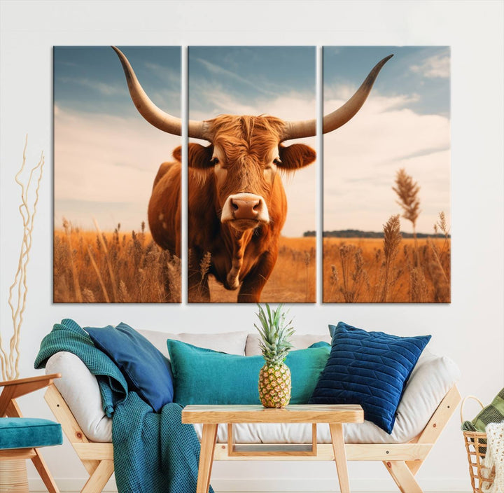 Cow Bighorn Wall Art Canvas Print, Longhorn Texas Large Cow Animal Canvas Print