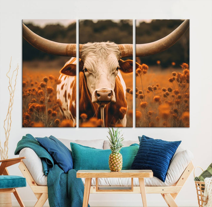 Cow Bighorn Wall Art Canvas Print, Longhorn Texas Large Cow Animal Canvas Print