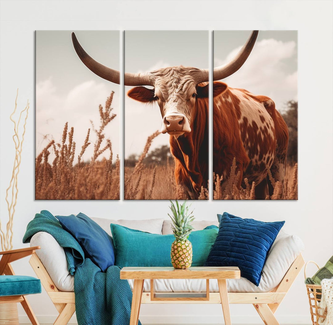 Cow Bighorn Wall Art Canvas Print, Longhorn Texas Large Cow Animal Canvas Print