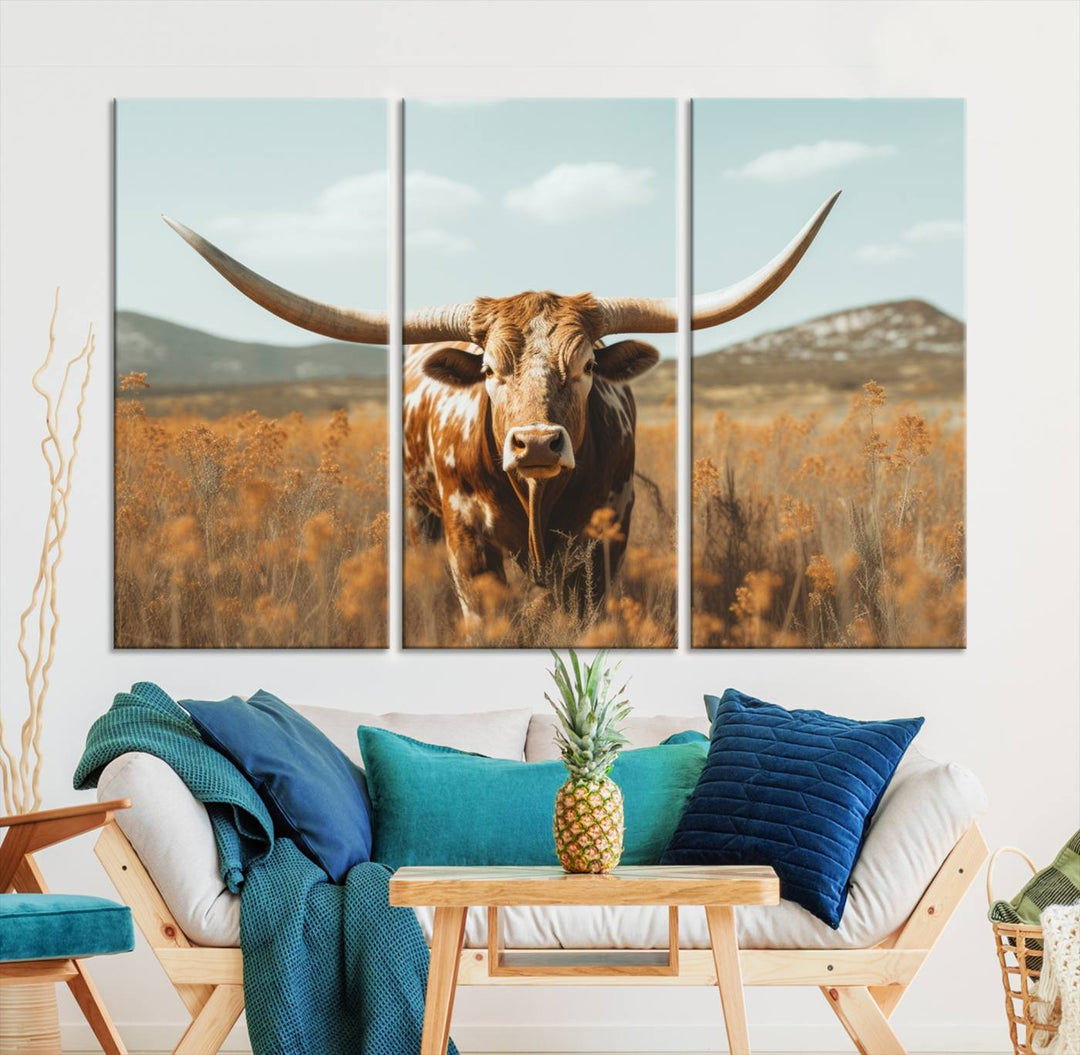 Cow Bighorn Wall Art Canvas Print, Longhorn Texas Large Cow Animal Canvas Print