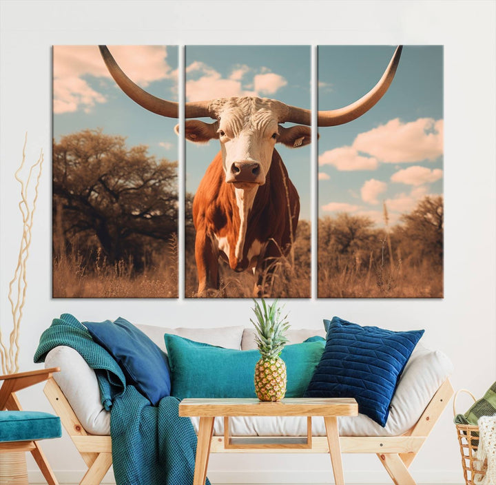 Cow Bighorn Wall Art Canvas Print, Longhorn Texas Large Cow Animal Canvas Print