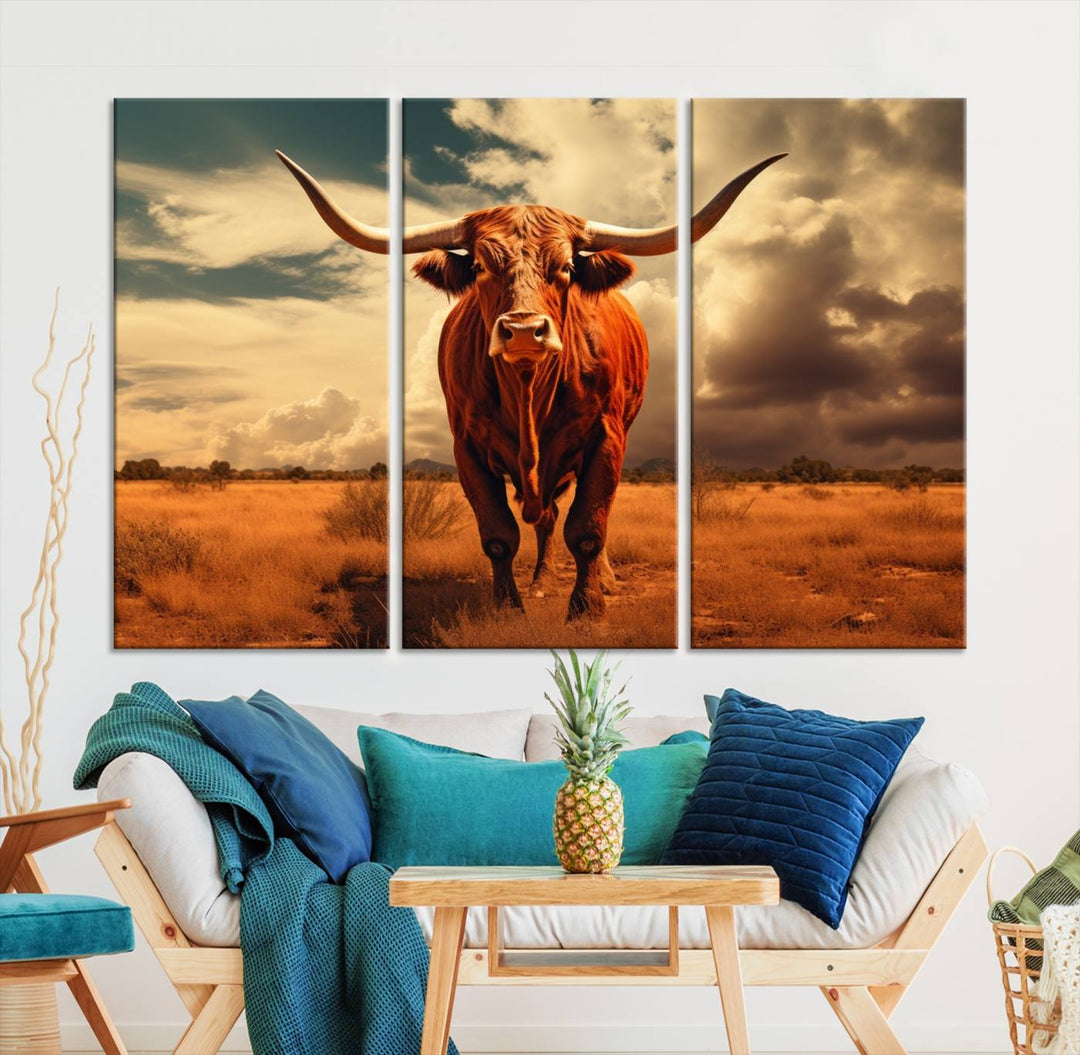 Cow Bighorn Wall Art Canvas Print, Longhorn Texas Large Cow Animal Canvas Print