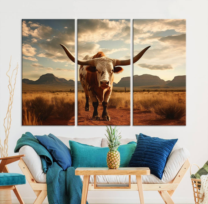 Cow Bighorn Wall Art Canvas Print, Longhorn Texas Large Cow Animal Canvas Print