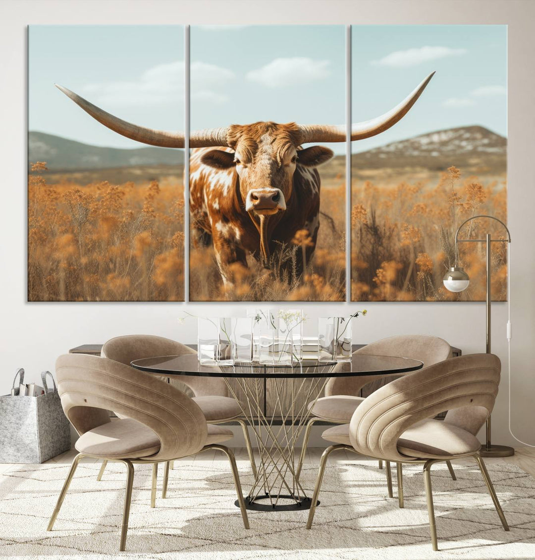 Cow Bighorn Wall Art Canvas Print, Longhorn Texas Large Cow Animal Canvas Print