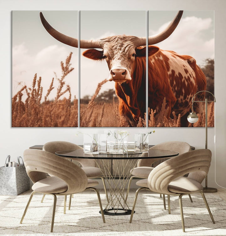 Cow Bighorn Wall Art Canvas Print, Longhorn Texas Large Cow Animal Canvas Print