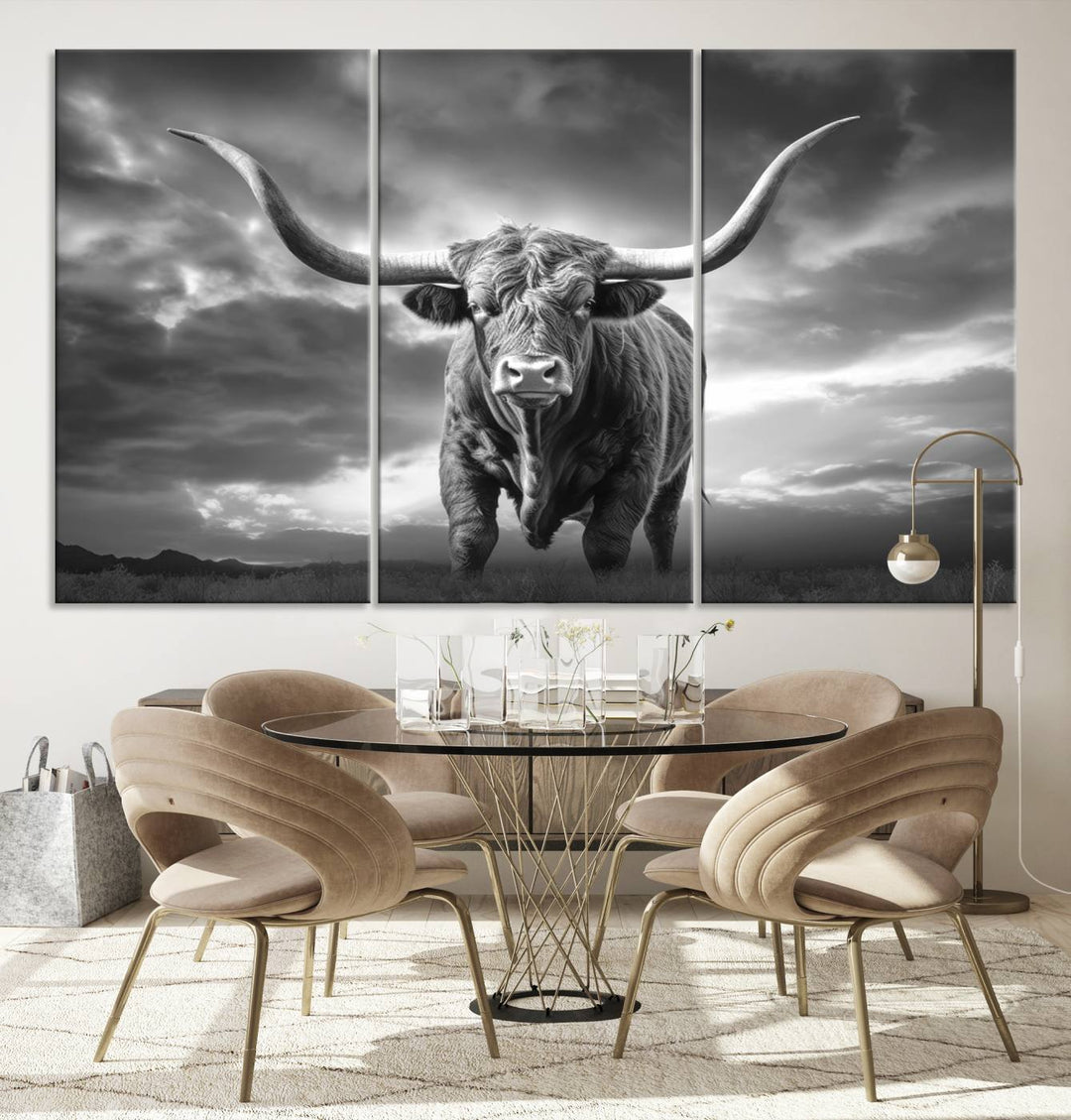 Cow Bighorn Wall Art Canvas Print, Longhorn Texas Large Cow Animal Canvas Print