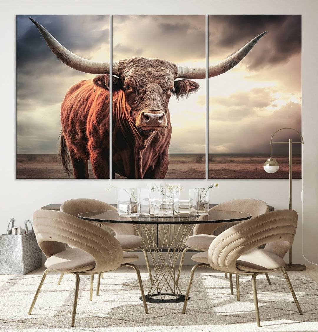 Cow Bighorn Wall Art Canvas Print, Longhorn Texas Large Cow Animal Canvas Print