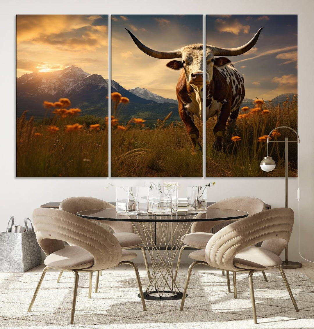 Cow Bighorn Wall Art Canvas Print, Longhorn Texas Large Cow Animal Canvas Print