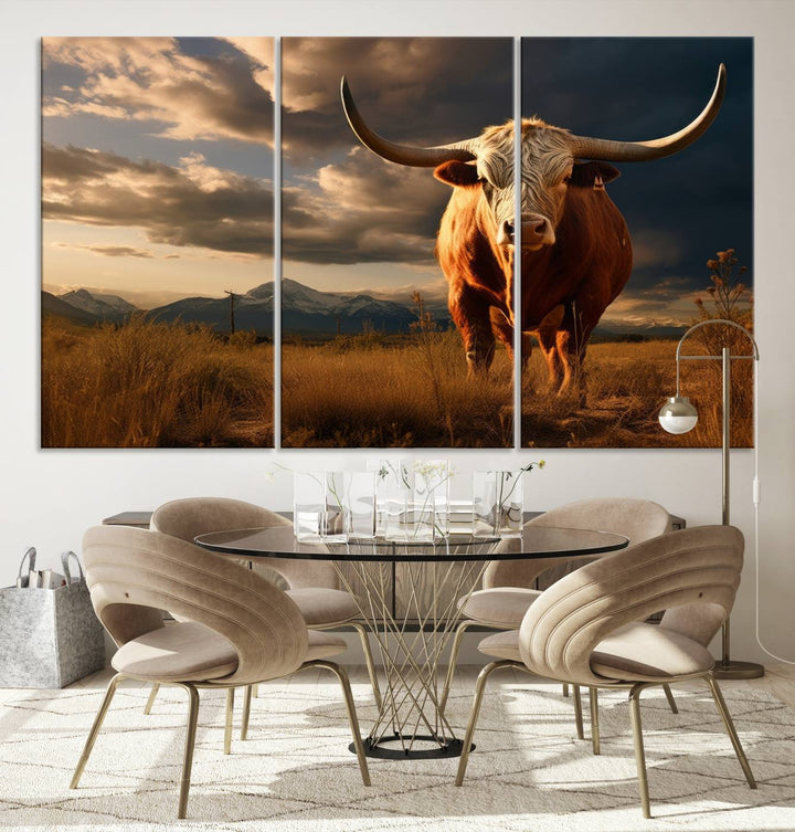 Cow Bighorn Wall Art Canvas Print, Longhorn Texas Large Cow Animal Canvas Print