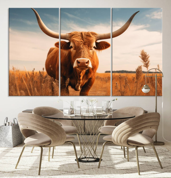 Cow Bighorn Wall Art Canvas Print, Longhorn Texas Large Cow Animal Canvas Print