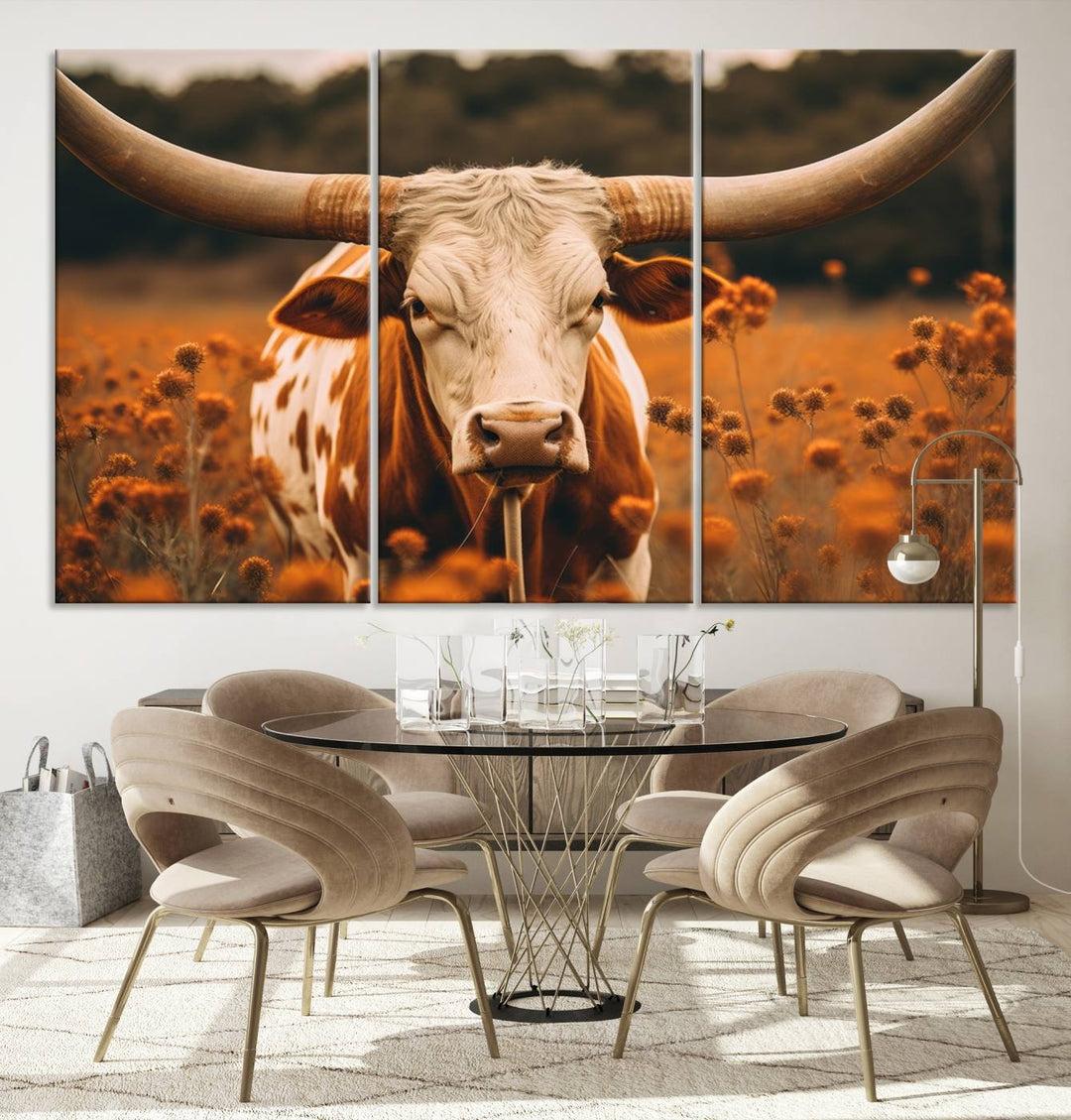 Cow Bighorn Wall Art Canvas Print, Longhorn Texas Large Cow Animal Canvas Print