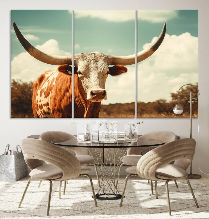 Cow Bighorn Wall Art Canvas Print, Longhorn Texas Large Cow Animal Canvas Print