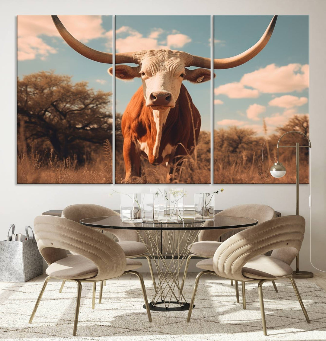 Cow Bighorn Wall Art Canvas Print, Longhorn Texas Large Cow Animal Canvas Print