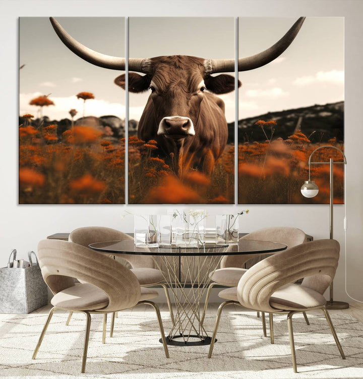 Cow Bighorn Wall Art Canvas Print, Longhorn Texas Large Cow Animal Canvas Print