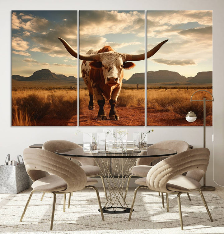 Cow Bighorn Wall Art Canvas Print, Longhorn Texas Large Cow Animal Canvas Print