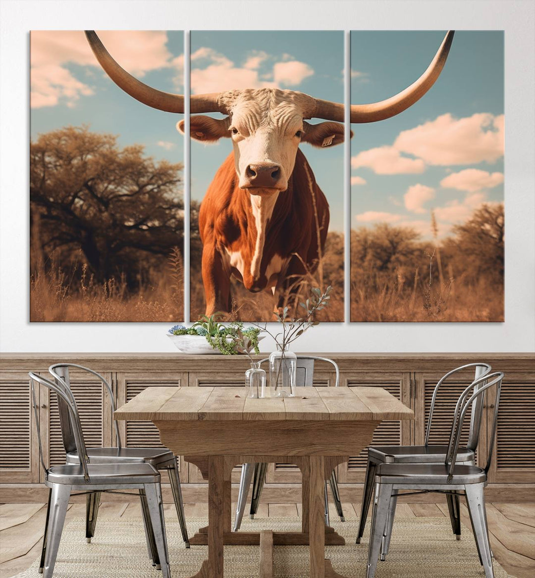 Cow Bighorn Wall Art Canvas Print, Longhorn Texas Large Cow Animal Canvas Print