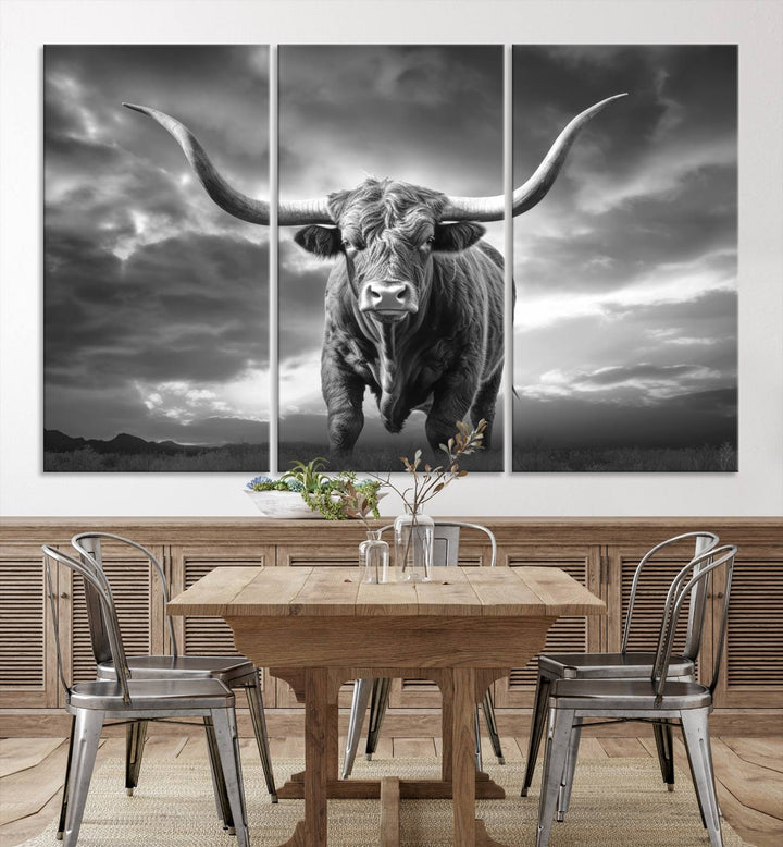 Cow Bighorn Wall Art Canvas Print, Longhorn Texas Large Cow Animal Canvas Print