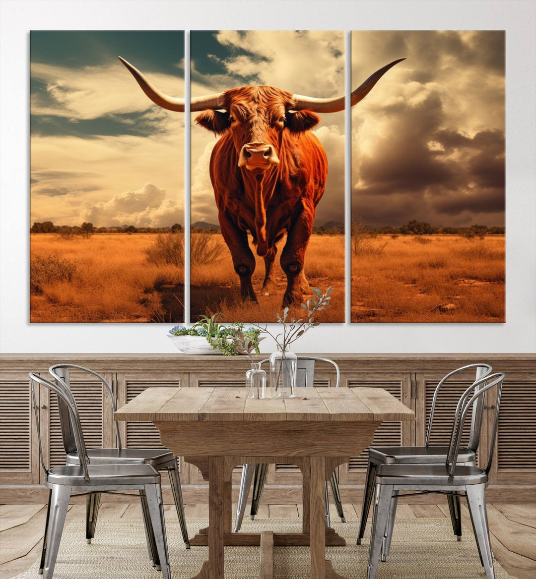 Cow Bighorn Wall Art Canvas Print, Longhorn Texas Large Cow Animal Canvas Print