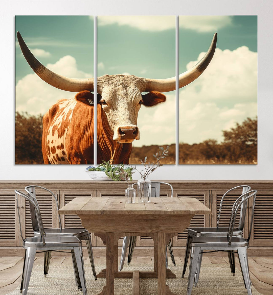 Cow Bighorn Wall Art Canvas Print, Longhorn Texas Large Cow Animal Canvas Print