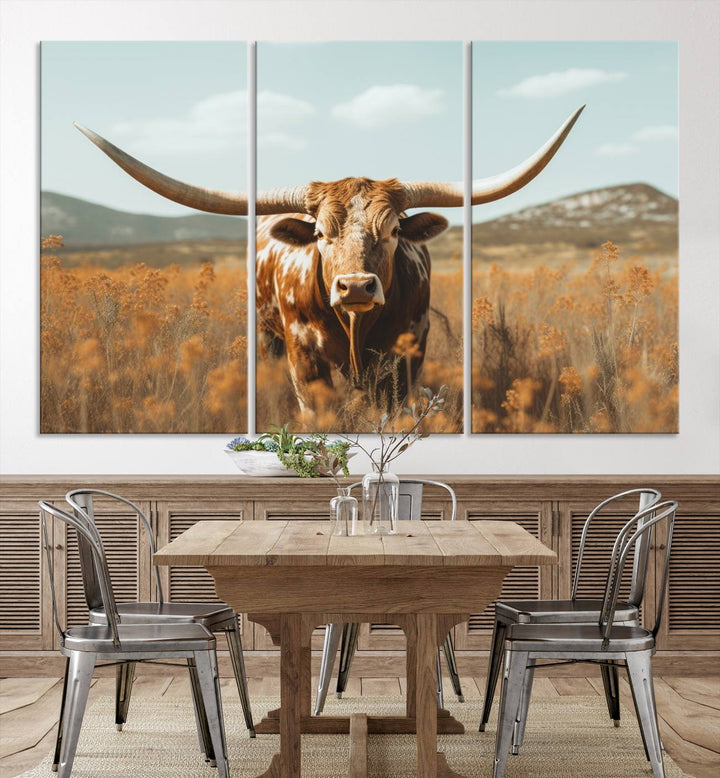 Cow Bighorn Wall Art Canvas Print, Longhorn Texas Large Cow Animal Canvas Print