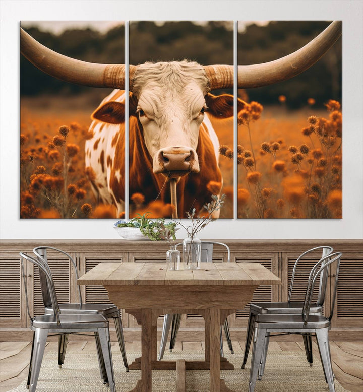 Cow Bighorn Wall Art Canvas Print, Longhorn Texas Large Cow Animal Canvas Print