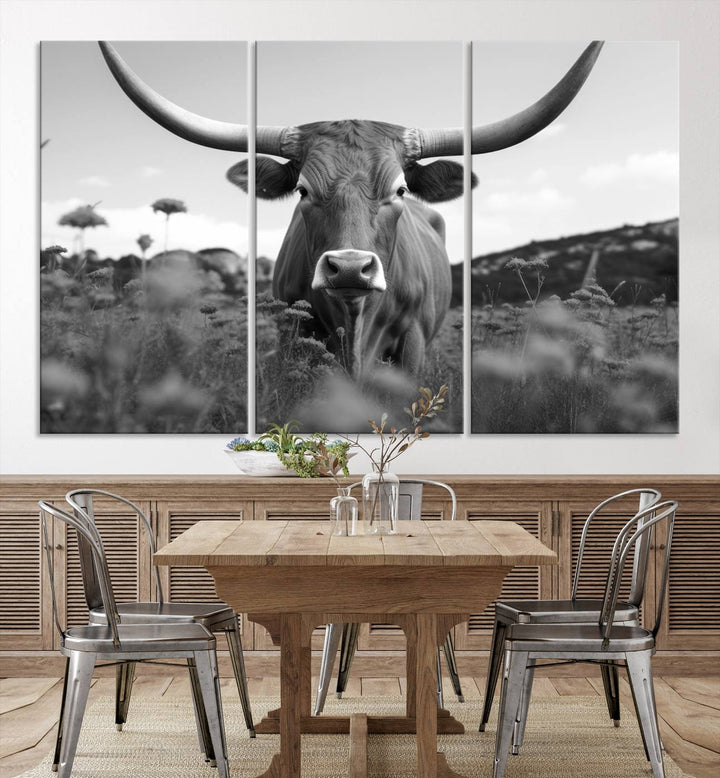 Cow Bighorn Wall Art Canvas Print, Longhorn Texas Large Cow Animal Canvas Print