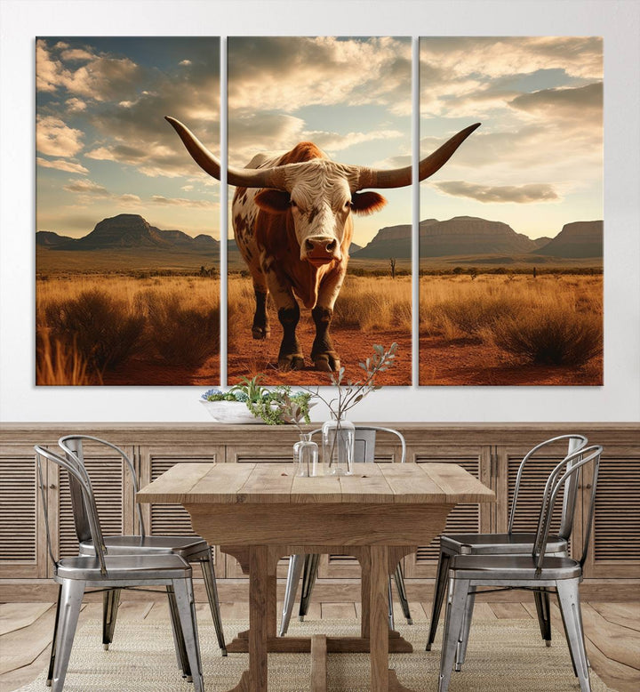 Cow Bighorn Wall Art Canvas Print, Longhorn Texas Large Cow Animal Canvas Print