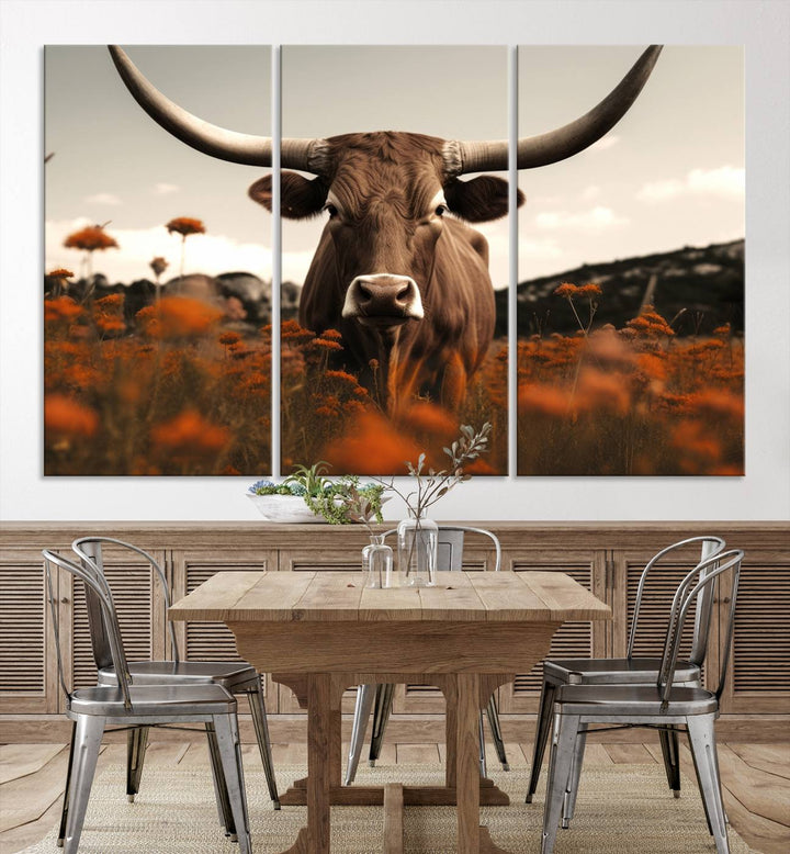 Cow Bighorn Wall Art Canvas Print, Longhorn Texas Large Cow Animal Canvas Print