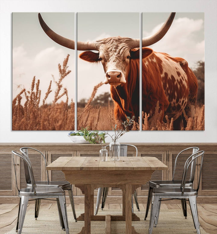 Cow Bighorn Wall Art Canvas Print, Longhorn Texas Large Cow Animal Canvas Print