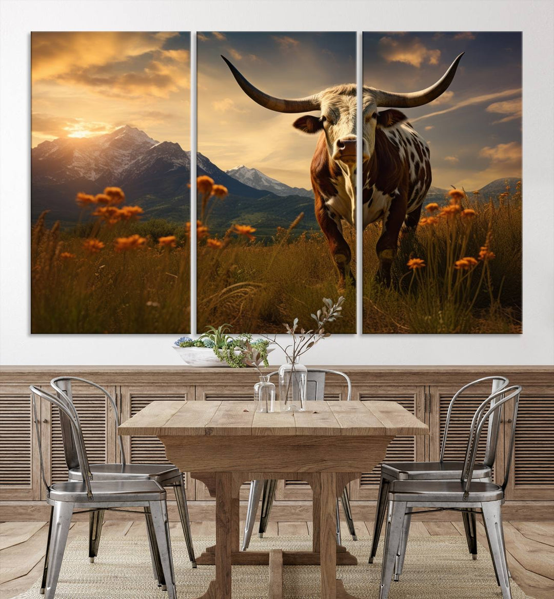 Cow Bighorn Wall Art Canvas Print, Longhorn Texas Large Cow Animal Canvas Print