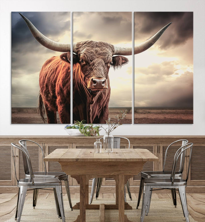 Cow Bighorn Wall Art Canvas Print, Longhorn Texas Large Cow Animal Canvas Print