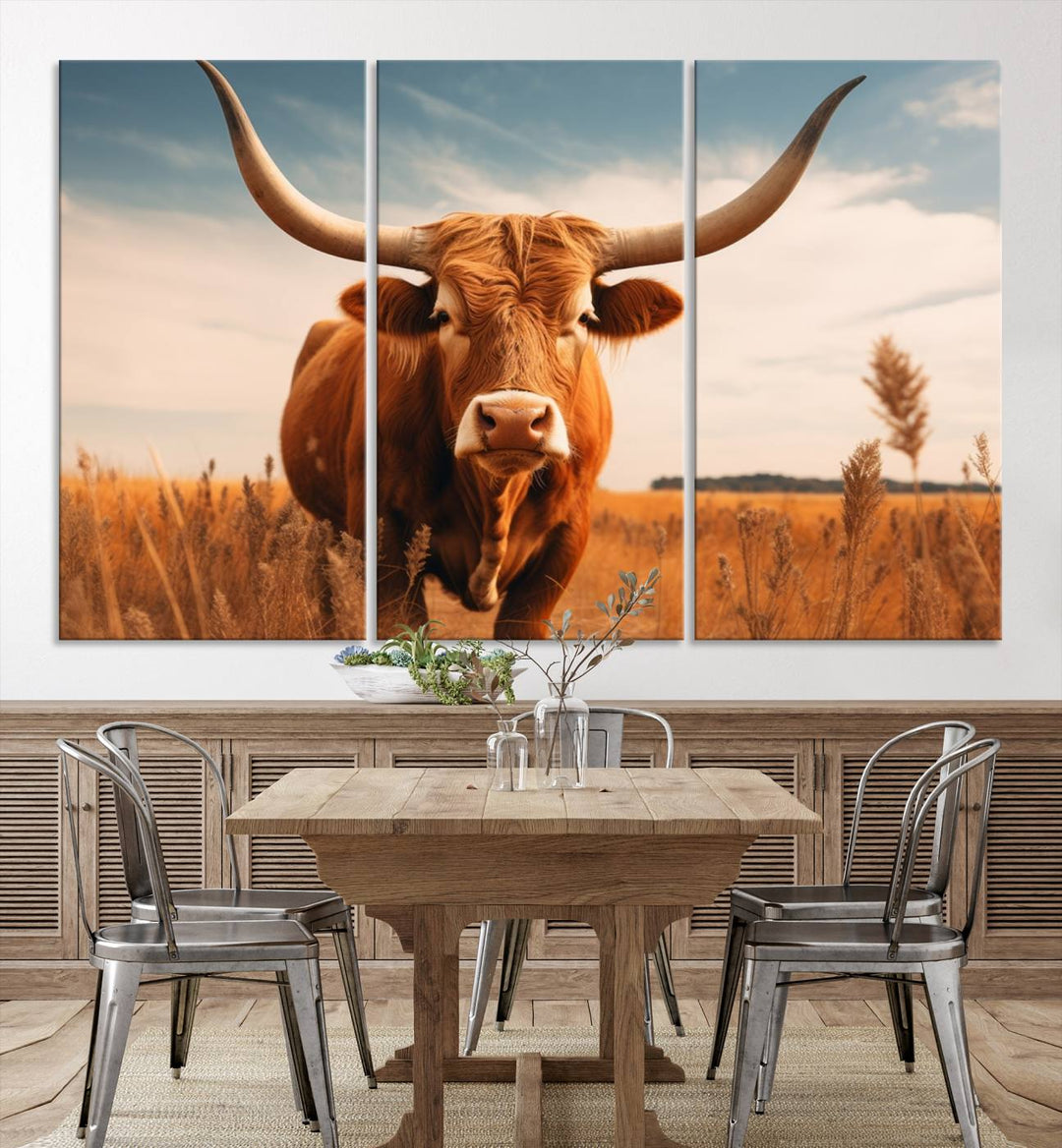 Cow Bighorn Wall Art Canvas Print, Longhorn Texas Large Cow Animal Canvas Print